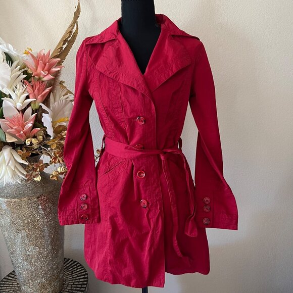 Ambition Y2K Chic Vibrant Red Cotton Blend Belted Red Minimalist Coat Small - Picture 1 of 13